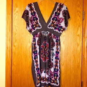 Anthropologie M Bailey Blue gray white floral accent V neck dress made in USA